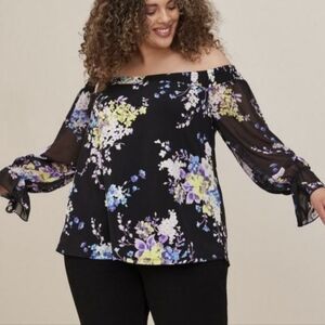 1X - Torrid • Studio Knit Off-Shoulder Smocked With Chiffon Sleeves Swing Top